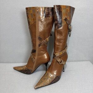 Luichiny Boots Sz 9 Brown Leather Patchwork Knee‑High Stiletto Croc Buckle Glam